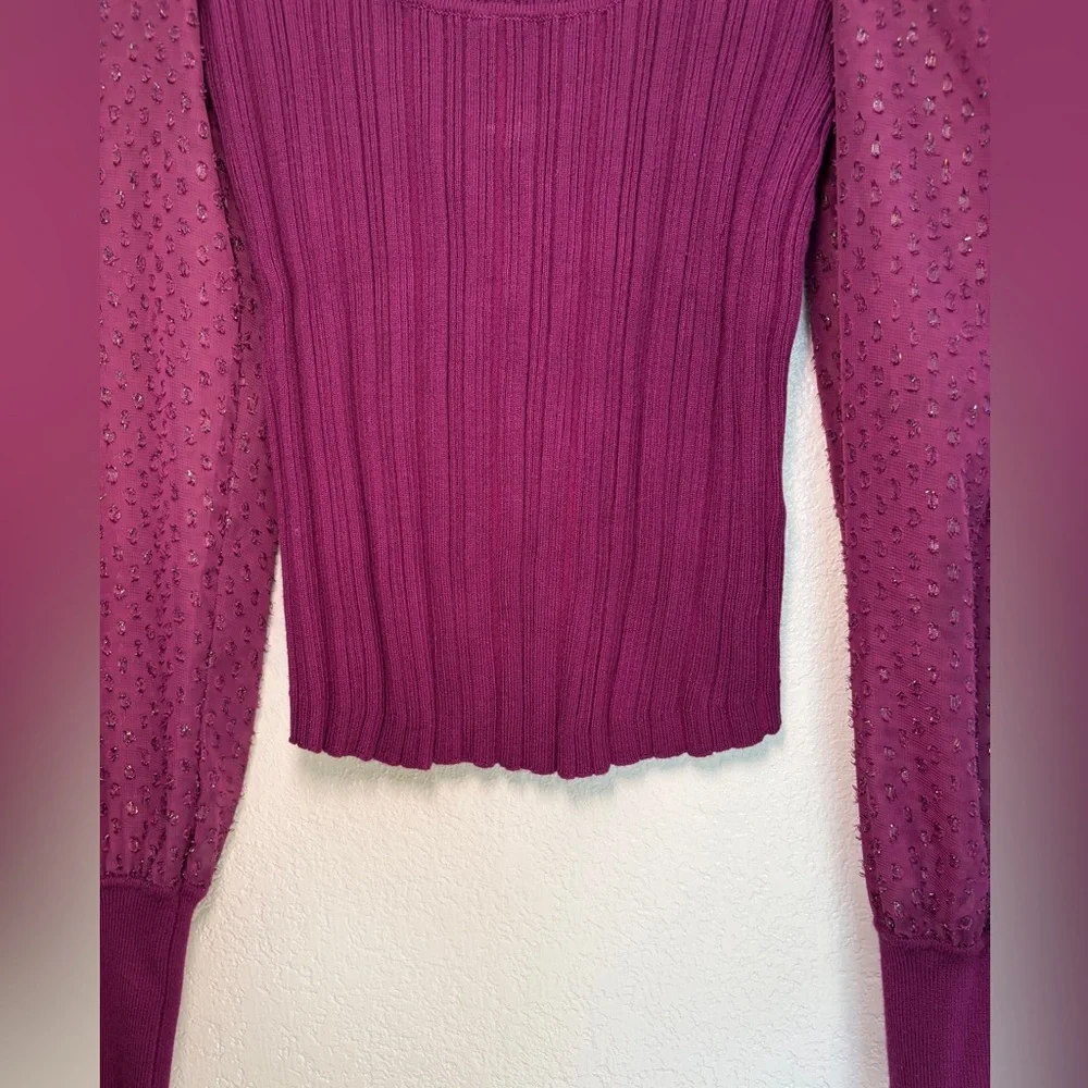 Anthropologie Puff-Sleeve Shimmer Plum Ribbed Knit Top Sheer Puff Sleeves Boho S